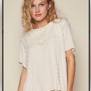 POL Pearl-Embellished Cream Short Sleeve Top